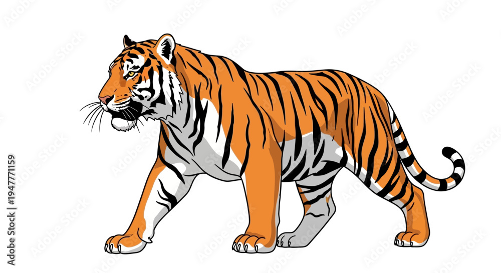 Obraz premium Powerful Bengal Tiger Illustration with Dynamic Striding Pose and Intricate Striped Fur. Capturing the Majestic Essence of a Predator in Motion, Showcasing its Iconic Whiskers and Grace