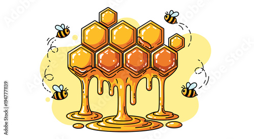 Honeycomb with honey and bees around.