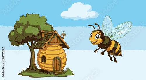 Bee flying near a beehive house 1.