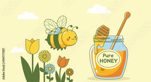 Bee flying near honey jar and flowers.