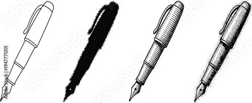 Fountain pen vector illustration set showing outline silhouette engraving and stippling styles, classic writing instrument design collection