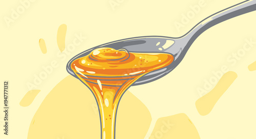 Golden honey dripping from spoon.