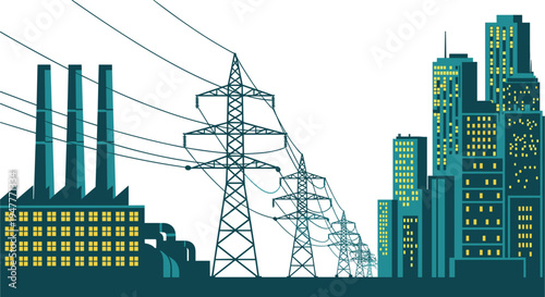 Stylized illustration of electricity generation, transmission, and distribution system showing power plant, high-voltage towers, and modern cityscape representing urban energy consumption and 