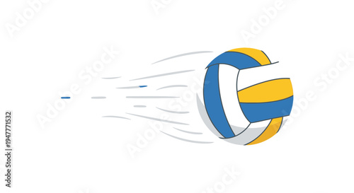 Volleyball in motion with blue and yellow panels.