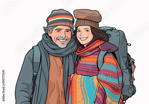A man and a woman stand close, both wearing warm clothing. They smile happily while holding a backpack outdoors.