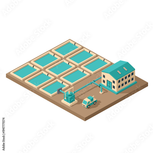 Isometric illustration of an aquaculture farm with water tanks, a processing building, and a vehicle, representing modern fish farming operations.