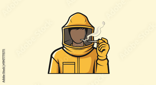 Person wearing yellow beekeeping protective suit.