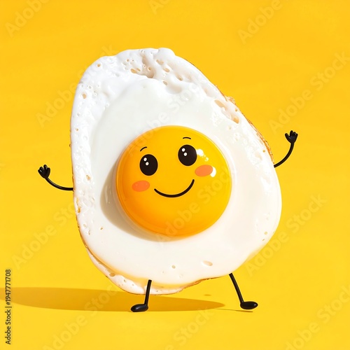 A smiling egg with arms and legs on yellow background