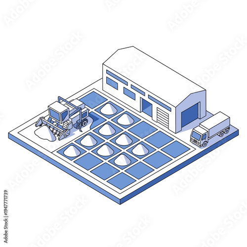 Isometric illustration of a salt processing plant with a combine harvester, storage facility, and delivery truck, showcasing industrial operations.