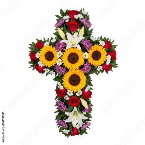 Beautiful Cross Made of Colorful Flowers and Sunflowers for Decoration isolated on transparent background