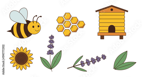 Bee flying near honeycomb and flowers.