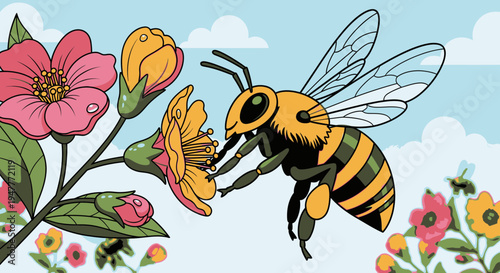 Bee collecting nectar from flower.