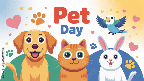 Happy pets dog cat rabbit and bird celebrating pet day with colorful hearts and paw prints