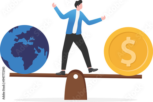 Businessman Balancing World Trade and Wealth