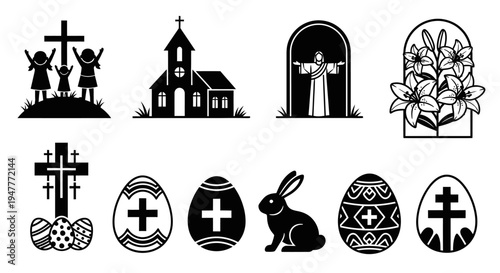 Easter and Christian themed silhouette icons set for religious celebrations.
