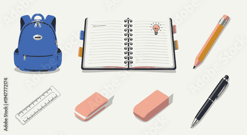 School supplies on a table surface.