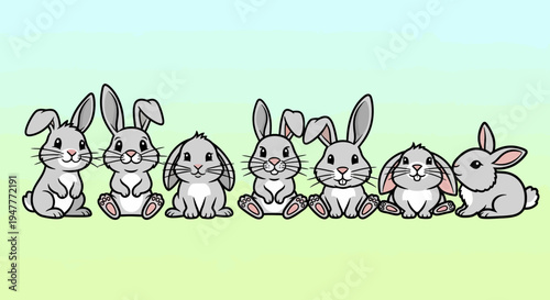 Adorable group of cartoon bunnies sitting together in a row.