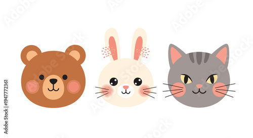 Cute cartoon animal faces including a bear, rabbit, and cat.