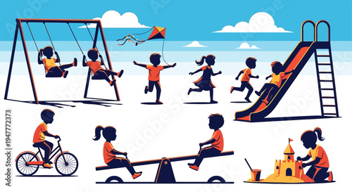 Children playing joyfully on various playground equipment, enjoying outdoor activities and fun.