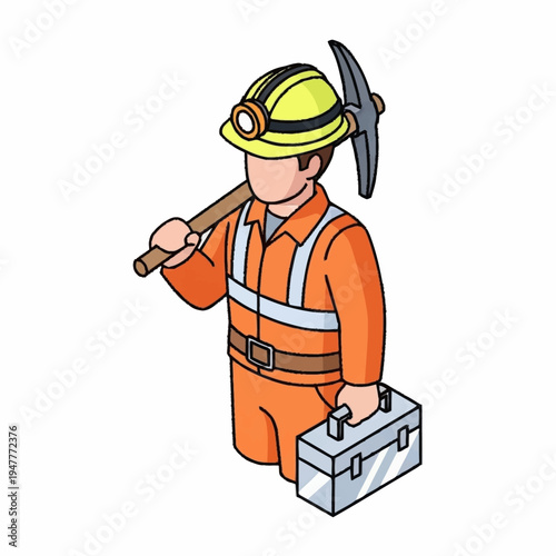 A cartoon miner with pickaxe and toolbox.