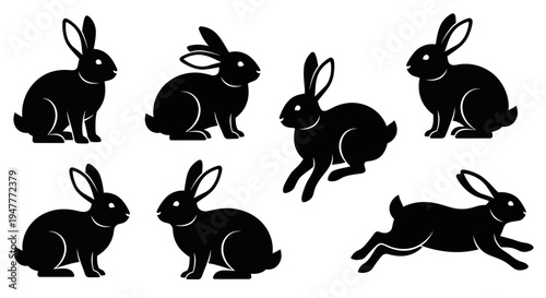 Collection of Black Rabbit Silhouettes in Various Poses.