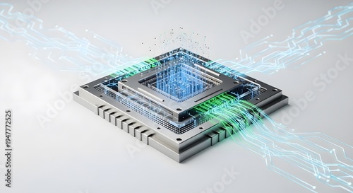 Single 3D icon of a futuristic quantum AI processor chip with glowing data streams and floating micro circuits, advanced artificial intelligence computing concept