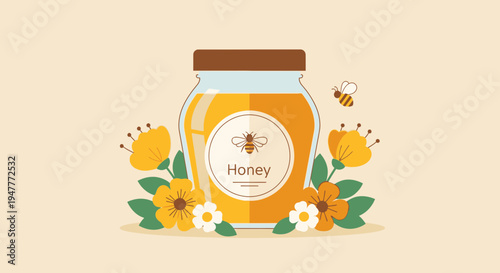 Honey jar with flowers and bees.