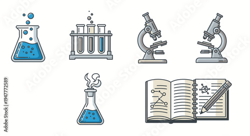 Laboratory equipment and science textbook.