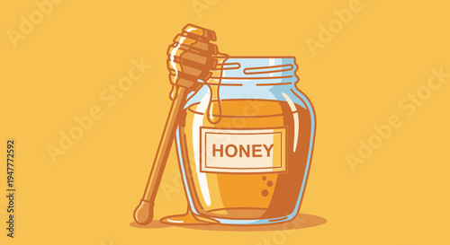 Jar of honey with dipper stick 3.