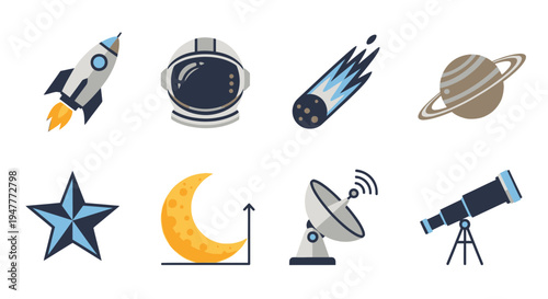 Space icons with celestial objects and technology 1.
