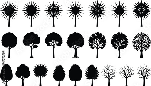 Collection of black tree silhouettes including palm, deciduous, evergreen, and stylized forms, perfect for botanical studies, landscape design, and creative illustration projects