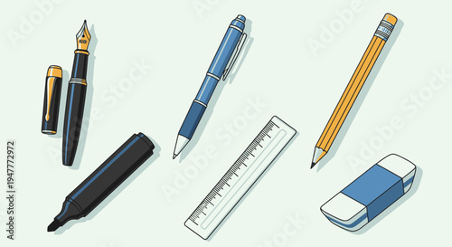 Stationery items on a table top.