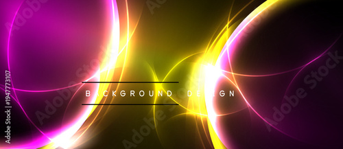 Bright abstract design features swirling light streaks. Pink, yellow hues dominate dark background. Text reads background design.