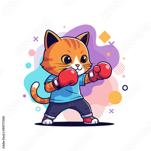 Cute Cartoon Orange Cat Boxing with Red Gloves Sports Illustration