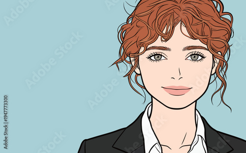 A young woman stands in a black suit with curly red hair. She has a neutral expression and is looking at the viewer.