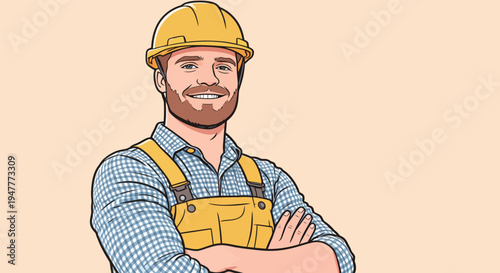 A construction worker stands with arms crossed, wearing a hard hat and safety gear in a plain background. He smiles confidently.