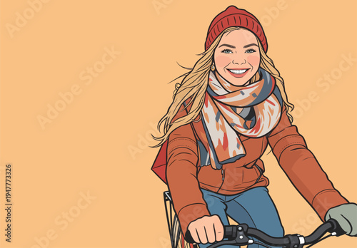 A young woman rides a bicycle while wearing a red hat and scarf. She smiles happily in front of a bright yellow background.