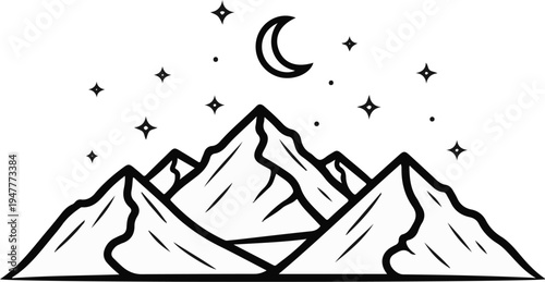 Stylized mountain range under a crescent moon and stars at night