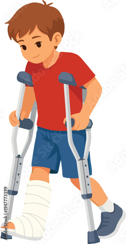 Kid Using Crutches Broken Leg Recovery Full Body