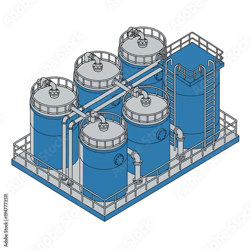 Industrial water treatment plant with multiple blue storage tanks and interconnected piping on a platform.