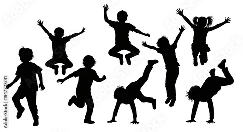 Silhouettes of kids jumping happy.