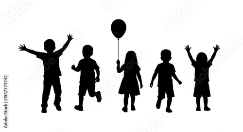 Silhouettes of happy jumping children.