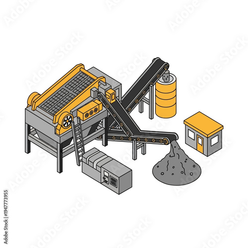 Isometric illustration of an industrial aggregate screening and crushing plant with conveyor belts and a control booth.