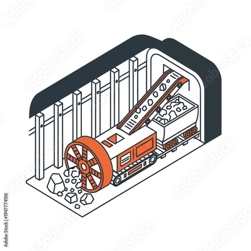 Isometric illustration of a mining machine excavating rock and loading it onto a conveyor belt in a mine tunnel.