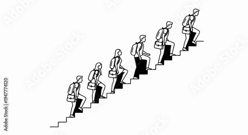 Stylized outline of people climbing stairs with backpacks and satchels