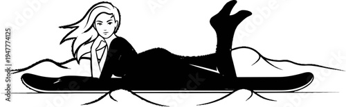 Stylized woman in black outfit reclines on surfboard, flowing hair