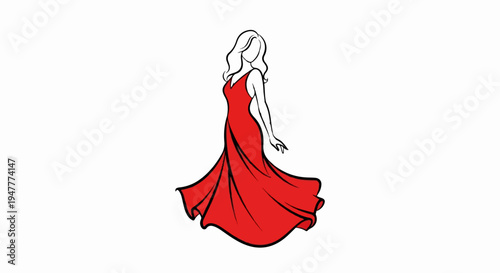 Stylized woman in flowing red gown, black outline