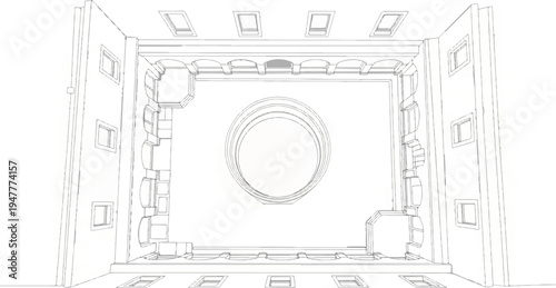 Stylized outline sketch of a large circular window within a grand hall