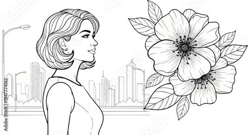 Stylized woman with bob haircut, cityscape, and blooming flowers in outline