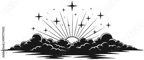 Sunburst over dark clouds with sparkling stars